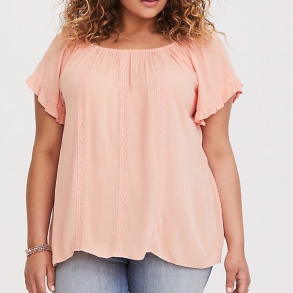 torrid Tops - Torrid Peach Crochet Lace Peasant Blouse, 0X.